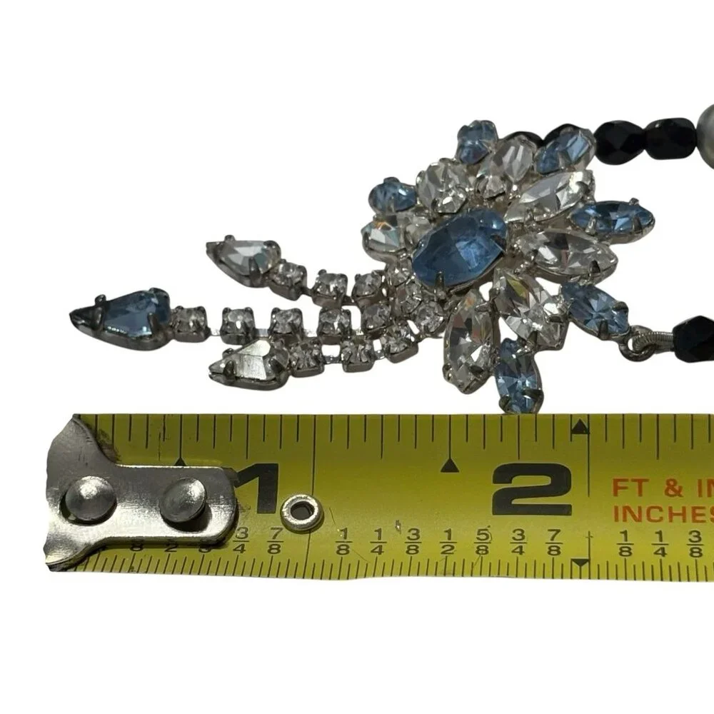 VTG Necklace Blue Black Clear Glass Faceted Bead‎ Pendant Prong Set Silver Tone